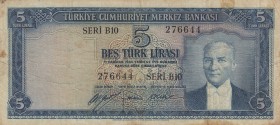Turkey, 5 Lira, 1952, FINE, p154 
5.Emission Natural, Some stains
Serial Number: B10 276644
Estimate: 30-60 USD