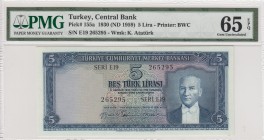 Turkey, 5 Lira, 1959, UNC, p155a, 5. Emission
PMG 65 EPQ
Serial Number: E19 265295
Estimate: 400-800 USD