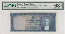 Turkey, 5 Lira, 1959, UNC, p155a, 5. Emission
PMG 63 EPQ
Serial Number: E22 042920
Estimate: 200-400 USD