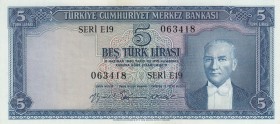 Turkey, 5 Lira, 1959, AUNC, p155, 5. Emission
Serial Number: E19 063418
Estimate: 500-1000 USD