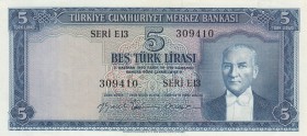 Turkey, 5 Lira, 1959, AUNC, p155, 5. Emission
Serial Number: E13 309410
Estimate: 350-700 USD