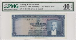 Turkey, 5 Lira, 1959, XF, p155a, 5. Emission
PMG 40 EPQ
Serial Number: E1 324149
Estimate: 100-200 USD