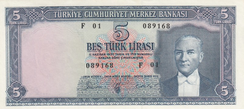 Turkey, 5 Lira, 1961, UNC, p173a, 5. Emission
Serial Number: F01 089168
Estima...