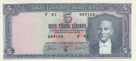 Turkey, 5 Lira, 1961, UNC, p173a, 5. Emission
Serial Number: F01 089168
Estimate: 500-1000 USD