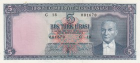 Turkey, 5 Lira, 1961, UNC, p173a, 5. Emission
Serial Number: G18 081670
Estimate: 500-1000 USD