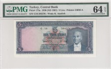 Turkey, 5 Lira, 1961, UNC, p173a, 5. Emission
PMG 64 EPQ
Serial Number: G16 204276
Estimate: 500-1000 USD