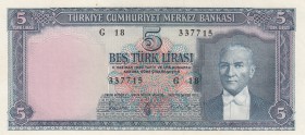 Turkey, 5 Lira, 1961, UNC (-), p173a, 5. Emission
Serial Number: G18 337715
Estimate: 500-1000 USD