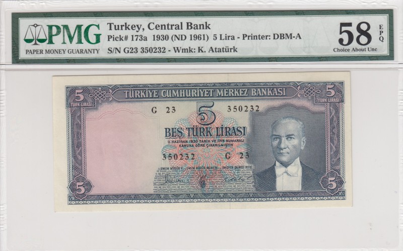 Turkey, 5 Lira, 1961, AUNC, p173a, 5. Emission
PMG 58 EPQ
Serial Number: G23 3...