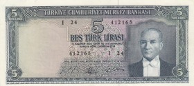 Turkey, 5 Lira, 1965, UNC (-), p174a, 5. Emission
Serial Number: I24 412165
Estimate: 300-600 USD