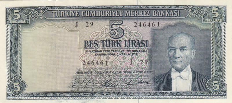 Turkey, 5 Lira, 1965, XF, p174 
5.Emission Natural
Serial Number: J29 246461
...