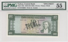 Turkey, 10 Lira, 1958, AUNC, p158s, SPECIMEN
PMG 55
Serial Number: 00 00000
Estimate: 500-1000 USD
