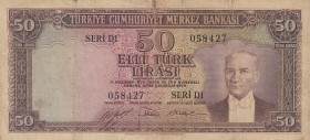 Turkey, 50 Lira, 1951, POOR, p162 
5. Emission
Serial Number: D1 058427
Estimate: 50-100 USD