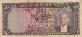 Turkey, 50 Lira, 1953, VF, p163 
5. Emission
Serial Number: M1 005712
Estimate: 75-150 USD