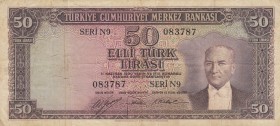 Turkey, 50 Lira, 1953, FINE, p163 
5.Emission Natural, Some stains
Serial Number: N9 083787
Estimate: 50-100 USD