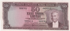 Turkey, 50 Lira, 1956, XF, p164, 5. Emission
Pressed
Serial Number: R2 089213
Estimate: 500-1000 USD