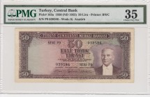 Turkey, 50 Lira, 1953, VF, p163a, 5. Emission
PMG 35
Serial Number: P9 039586
Estimate: 300-600 USD