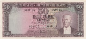 Turkey, 50 Lira, 1957, XF, p165, 5. Emission
Natural
Serial Number: U15 069525
Estimate: 350-700 USD