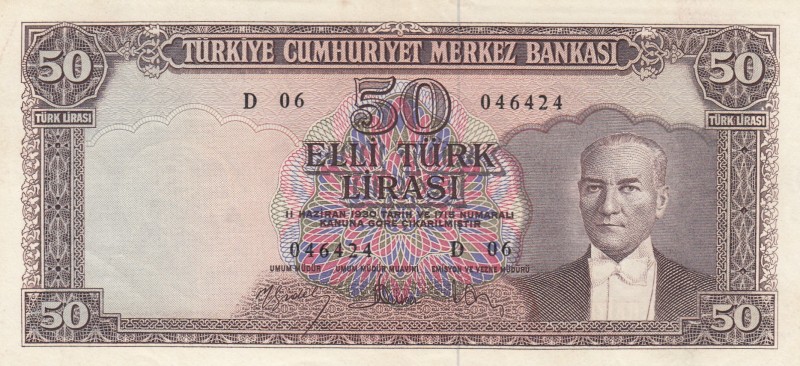 Turkey, 50 Lira, 1960, XF (+), p166, 5. Emission
Natural
Serial Number: D06 04...