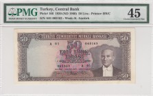 Turkey, 50 Lira, 1960, XF, p166, 5. Emission
PMG 45
Serial Number: A01 065163
Estimate: 250-500 USD