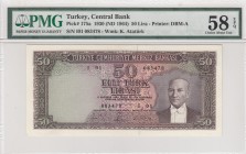 Turkey, 50 Lira, 1964, AUNC, p175a, 5. Emission
PMG 58 EPQ
Serial Number: I01 083478
Estimate: 100-200 USD