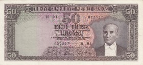 Turkey, 50 Lira, 1964, XF, p175a 
5. Emission, Pressed.
Serial Number: H01 022527
Estimate: 25-50 USD