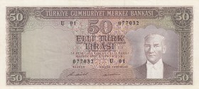 Turkey, 50 Lira, 1971, XF, p187a 
5. Emission, Natural
Serial Number: U01 077032
Estimate: 40-80 USD