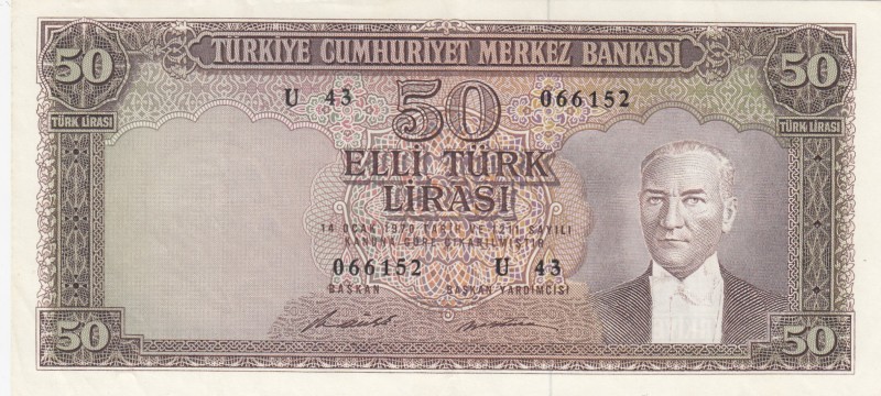 Turkey, 50 Lira, 1971, XF, p187a 
5.Emission Natural
Serial Number: U43 066152...