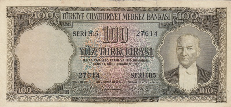 Turkey, 100 Lira, 1956, VF, p168, 5. Emission
Pressed.
Serial Number: H15 2761...