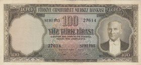 Turkey, 100 Lira, 1956, VF, p168, 5. Emission
Pressed.
Serial Number: H15 27614
Estimate: 50-100 USD
