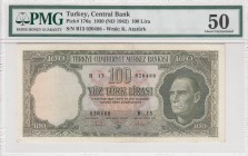 Turkey, 100 Lira, 1962, AUNC, p176a 
PMG 50, 5.Emission
Serial Number: R13 020488
Estimate: 500-1 USD