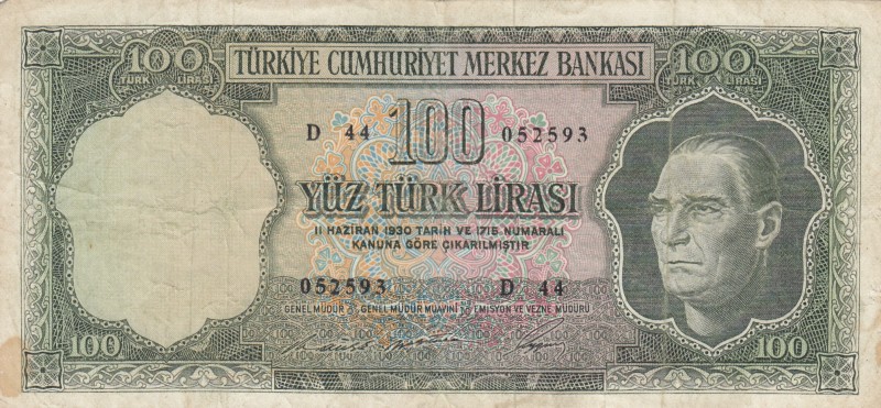 Turkey, 100 Lira, 1969, VF, p182 
5.Emission Natural,There are stain.
Serial N...