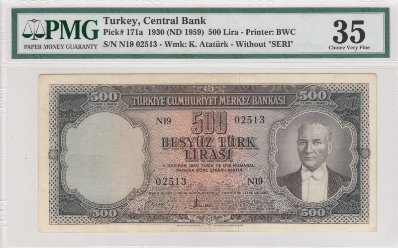 Turkey, 500 Lira, 1959, VF, p171a 
PMG 35, 5. Emission
Serial Number: N19 0251...