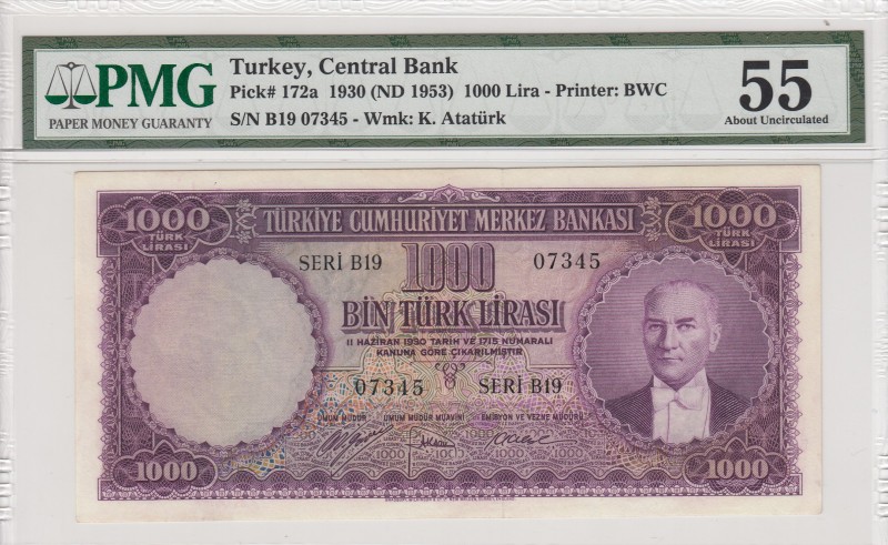 Turkey, 1.000 Lira, 1953, AUNC, p172a, 5. Emission
PMG 55
Serial Number: B19 0...