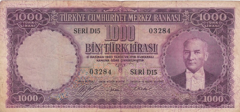 Turkey, 1.000 Lira, 1953, VF, p172 
5. Emission, Natural
Serial Number: D15 03...