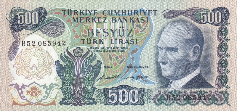 Turkey, 500 Lira, 1971, VF, p190a, 6. Emission
Serial Number: B52 085942
Estim...