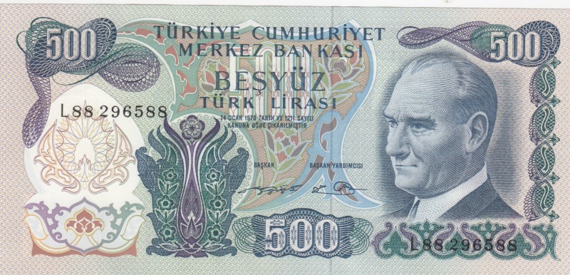 Turkey, 500 Lira, 1974, UNC, p190e 
6.Emission
Serial Number: L88 296588
Esti...