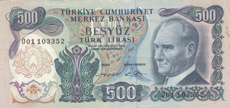 Turkey, 500 Lira, 1974, XF, p190c 
6.Emission
Serial Number: O01 103352
Estim...