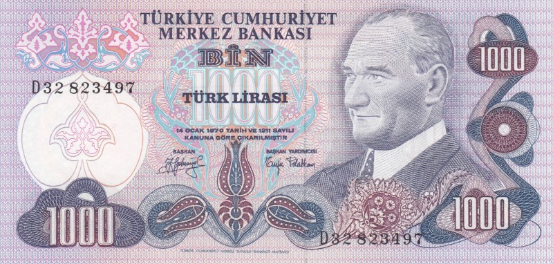 Turkey, 1.000 Lira, 1979, UNC, p191 
6.Emission
Serial Number: D32 823497
Est...