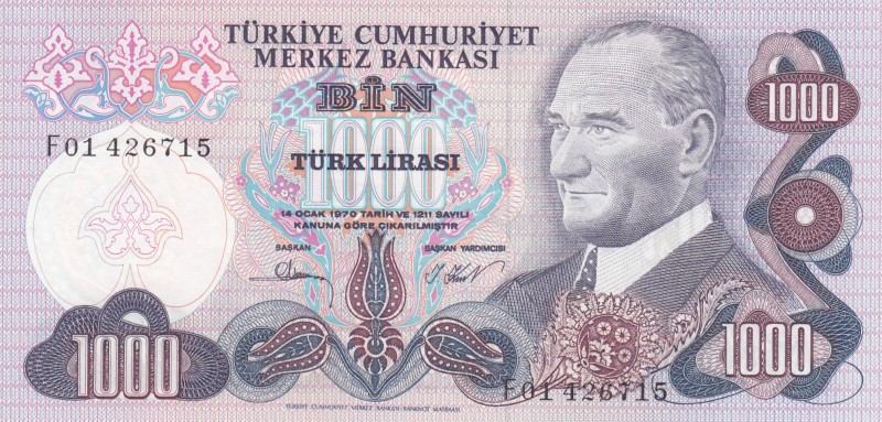 Turkey, 1.000 Lira, 1981, UNC, p191 
6.Emission
Serial Number: F01 426715
Est...