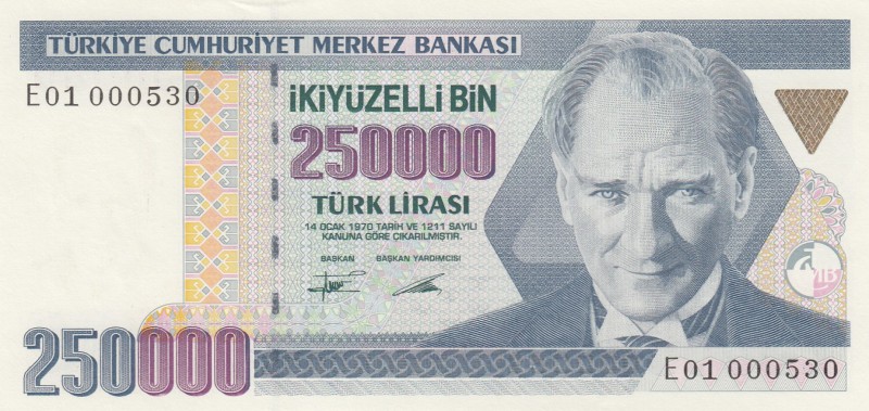 Turkey, 250.000 Lira, 1995, UNC, p207 
7. Emission
Serial Number: E01 000530
...