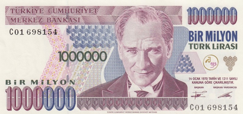 Turkey, 1.000.000 Lira, 1995, UNC, p209a 
7. Emission
Serial Number: C01 69815...