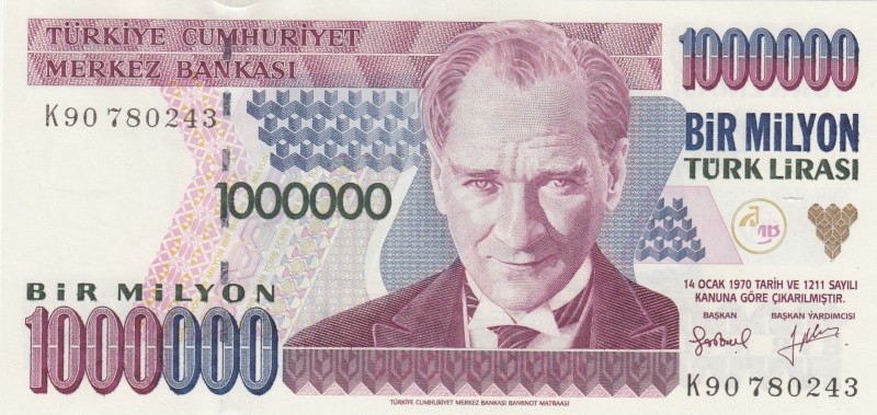 Turkey, 1.000.000 Lira, 1996, UNC, p209a 
7.Emission
Serial Number: K90 780243...