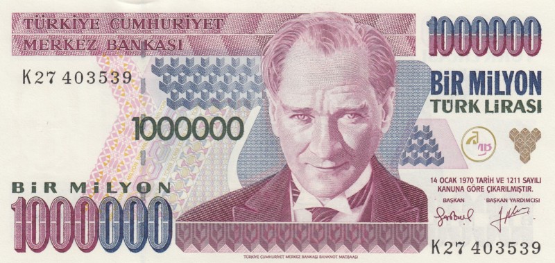 Turkey, 1.000.000 Lira, 1996, UNC, p209a 
7.Emission
Serial Number: K27 403539...