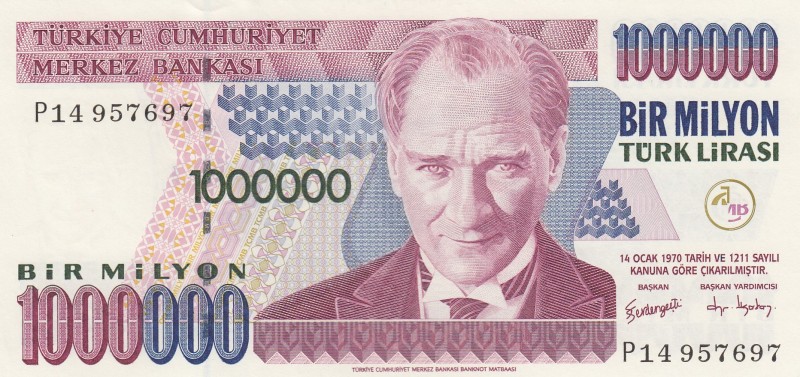 Turkey, 1.000.000 Lira, 2002, UNC, p213, 7. Emission
Serial Number: P14 957697...