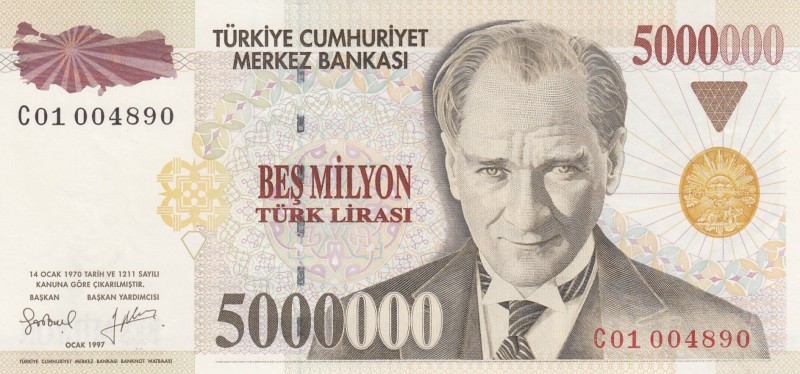 Turkey, 5.000.000 Lira, 1997, UNC, p210a 
7. Emission
Serial Number: C01 00489...