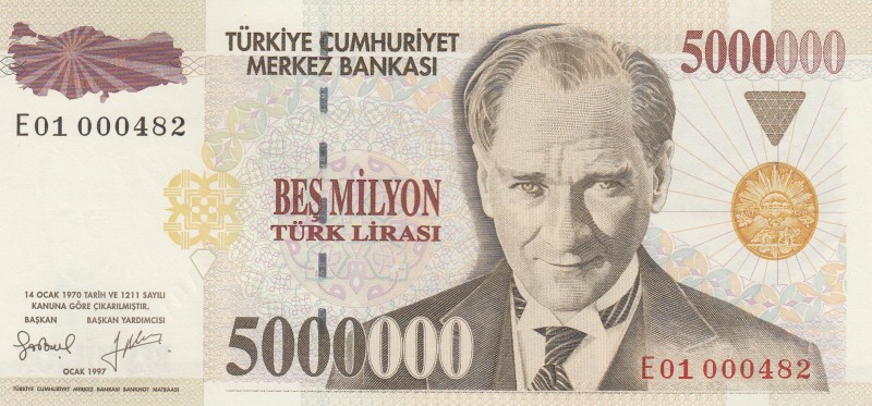 Turkey, 5.000.000 Lira, 1997, UNC, p210a 
7. Emission
Serial Number: E01 00048...