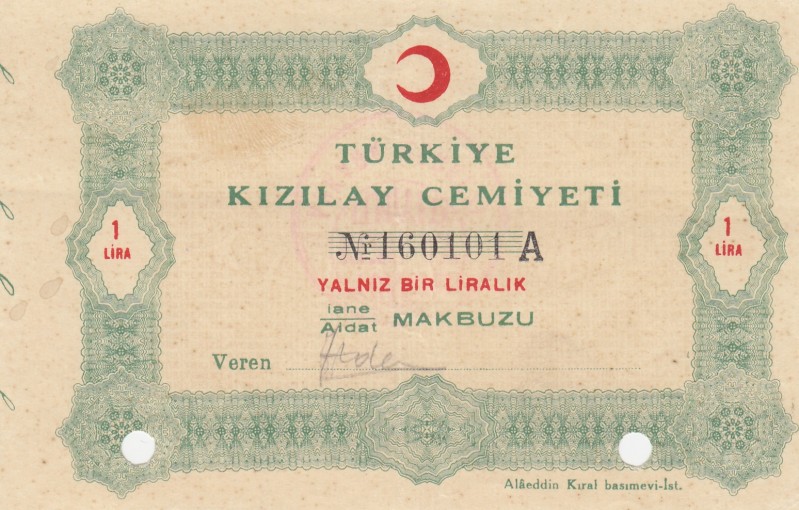 Turkey, 1 Lira, AUNC, 
Kızılay Society Dues Receipt
Serial Number: 160101 A
E...