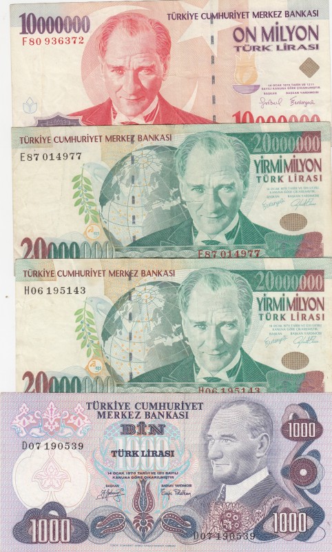 Turkey, VF, (Total 4 banknotes)
10.000.000 Lira, 1999, p214; 20.000.000 Lira (2...