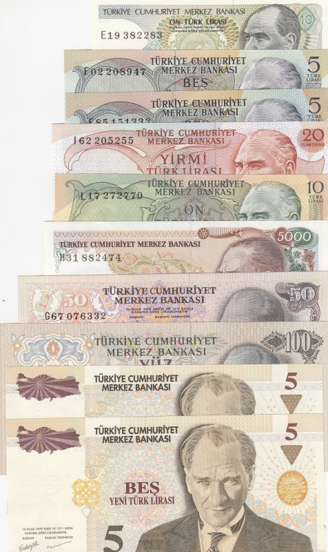 Turkey, (Total 10 banknotes)
5.000 Lira, 1988, UNC(-); 10 Lira, 1982, UNC; 5 Li...