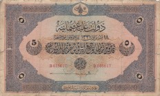 Turkey, Ottoman Empire, 5 Lira, 1915, FINE, p74 
V. Mehmed Reşad Period, 18 October 1331, Sign:Talat and Hüseyin Cahid.
Serial Number: B 035617
Est...